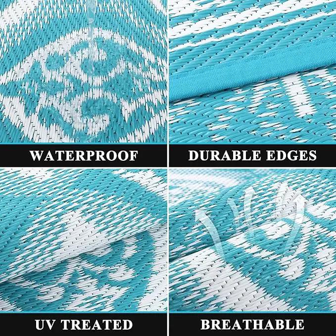 Pauwer Waterproof Outdoor Rug 6x9, Reversible Plastic Straw Patio Camping Rug, Indoor Outdoor RV Mat Carpet for Deck, Camper, Porch, Balcony, Backyard, Picnic, Clover Teal by GreenHaven Gardens