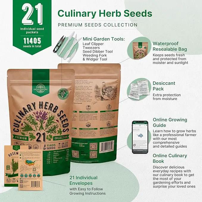 21 Culinary Herb Seeds Variety Pack - Heirloom, Non-GMO, Herb Seeds for Planting Outdoor and Indoor - Home Gardening. Over 11,400+ Seeds Including Rosemary, Thyme, Oregano, Mint, Basil, Parsley & More by GreenHaven Gardens