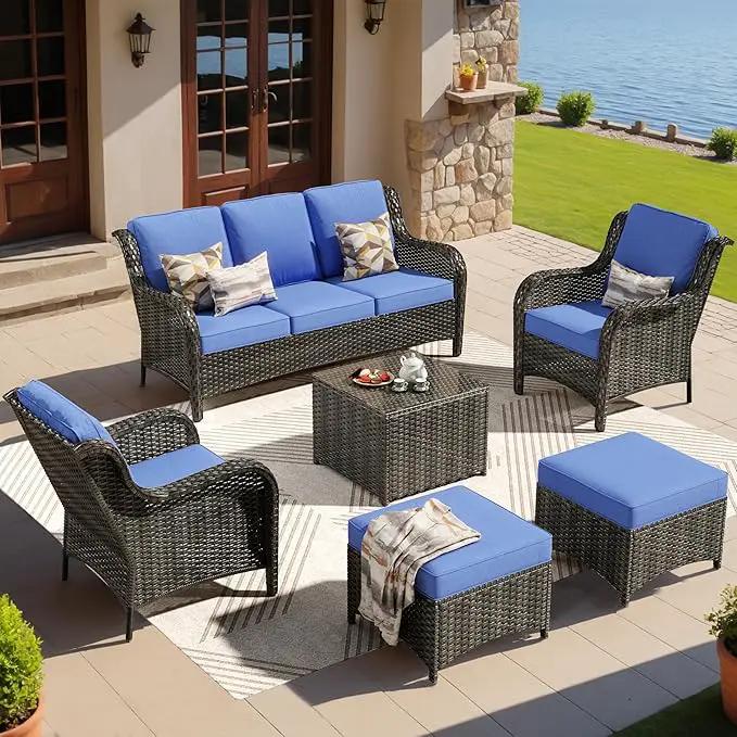 ovios 6 Pieces Patio Furniture Set, Outdoor Wicker Sofas with Glass Coffee Table and Comfy Cushions, All Weather High Back Couch Set for Deck Porch, Brown Rattan, Navy Blue by GreenHaven Gardens