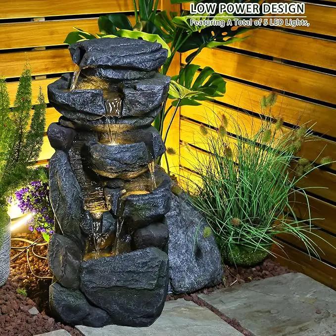 Water Features Outdoor Patio 6-Tier Cascading Rock Water Fountain 31.5''Water Fall Fountain Outside Resin Fountain with Light Mossy Rock Floor Garden Fountain Indoor for Relaxation Home Decor by GreenHaven Gardens