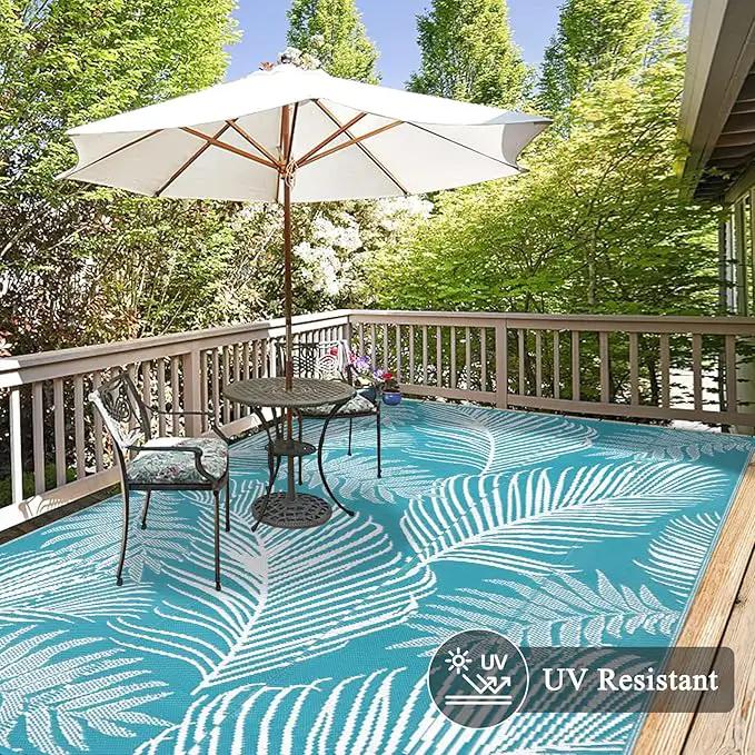 Pauwer Waterproof Outdoor Rug 9x12, Reversible Plastic Straw Patio Camping Rug, Indoor Outdoor RV Mat Carpet for Deck, Camper, Porch, Balcony, Backyard, Picnic, Leaf Teal by GreenHaven Gardens