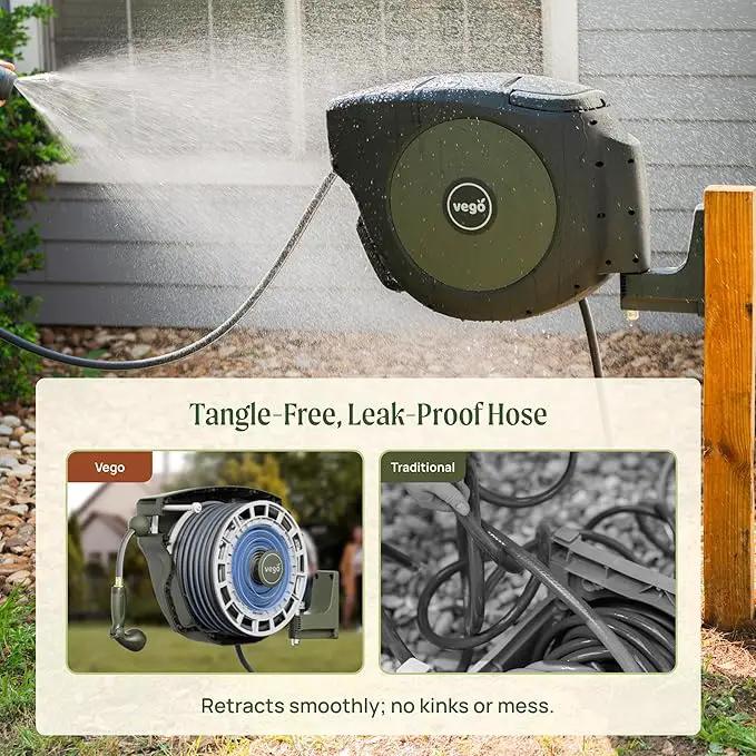 Vego Garden Hose Reel Retractable Hi-Flow x 100ft Wall Mounted Hose Reel Automatic Rewind, Any Length Lock with 9 Patterns Sprayer Nozzle, Quick Connector and Adjustable shot Nozzle-Tidepool Blue by GreenHaven Gardens