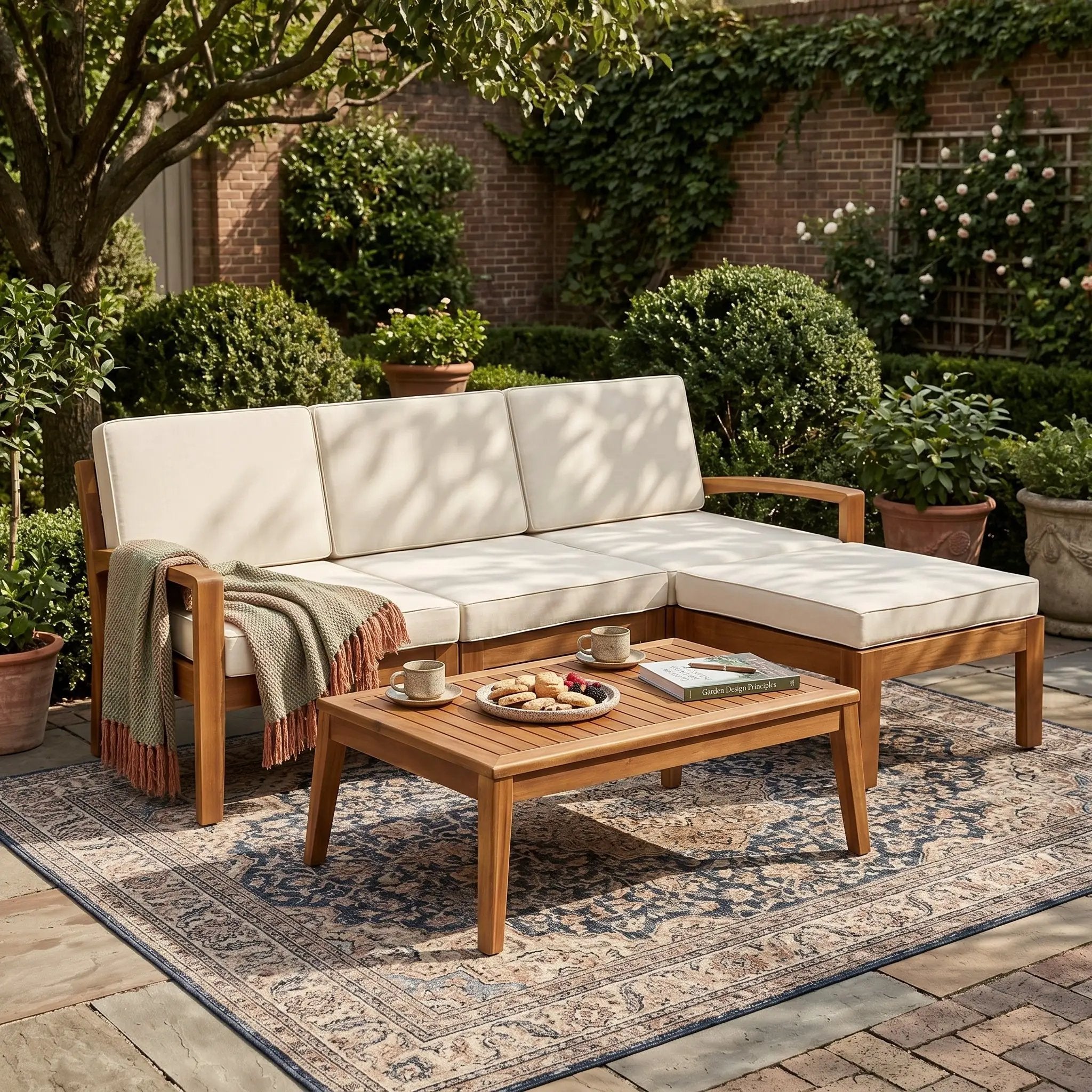 Outdoor L Shape 3pcs Acacia Wood Patio Sofa Set by HouseOfZazla