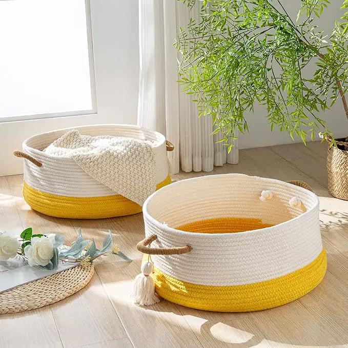 KAKAMAY Woven Baskets for Storage(16"x8"),Blanket Basket for Organizing Living Room,Cotton Rope Basket Woven Baby Laundry Hamper,Collapsible Laundry Room Organization,Clothes,Toy Chest(Yellow) by GreenHaven Gardens