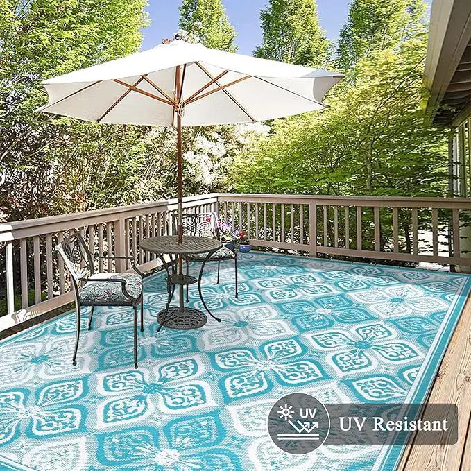 Pauwer Waterproof Outdoor Rug 9x12, Reversible Plastic Straw Patio Camping Rug, Indoor Outdoor RV Mat Carpet for Deck, Camper, Porch, Balcony, Backyard, Picnic, Clover Teal by GreenHaven Gardens