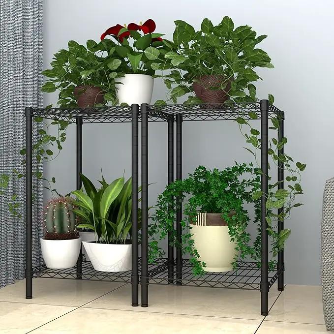 Xiofio 2 Tier Metal Plant Stand for Indoor and Outdoor Plant Shelf, Multi-Functional Adjustable Shelf Plant Stands Flower Stands With hanger rod for Living Room Balcony and Garden,Black by GreenHaven Gardens