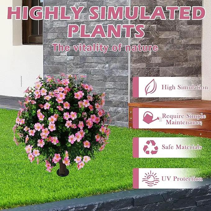 Sunnyglade Set of 2 Artificial Boxwood Topiary Ball Trees with Pink Flower, Faux Shrub Bushes with Ground Spike 25.5", UV Resistant Fake Boxwood Plants for Indoor, Garden, Porch, Patio Decor (Pink) by GreenHaven Gardens