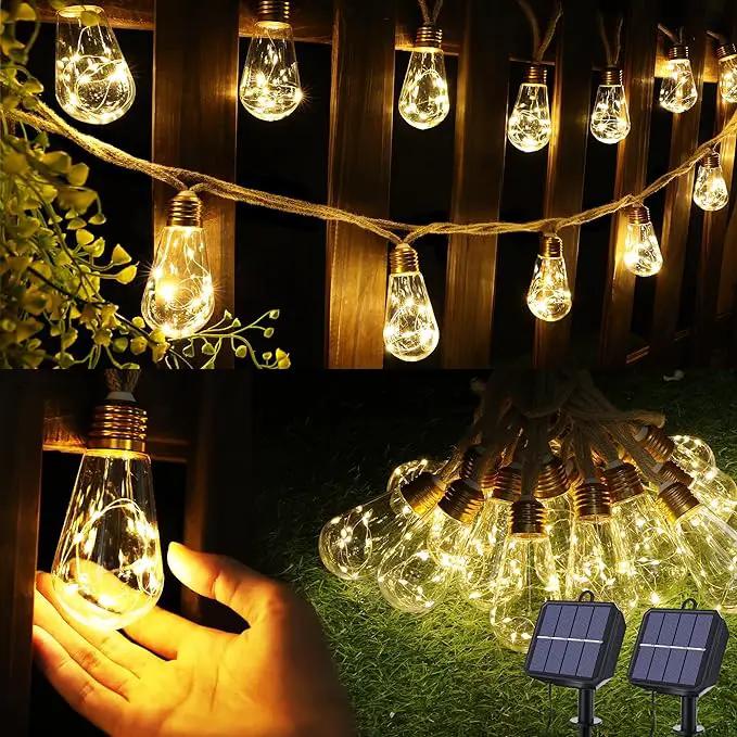 Solar Outdoor String Lights, 2 Pack 20Ft Vintage Rope Hemp Solar Patio Lights, Waterproof Warm White Solar Powered String Lights With 8 Modes 16 Shatterproof Bulbs for Fence Stairs Balcony Café Bistro by GreenHaven Gardens