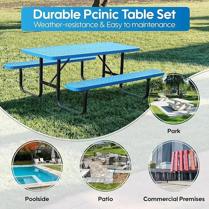 6FT Metal Picnic Tables for Outdoors, Commercial Rectangular Picnic Table and Bench Set for Outside, Patio, Garden, Backyard, Porch, Surface Mount, Blue by GreenHaven Gardens