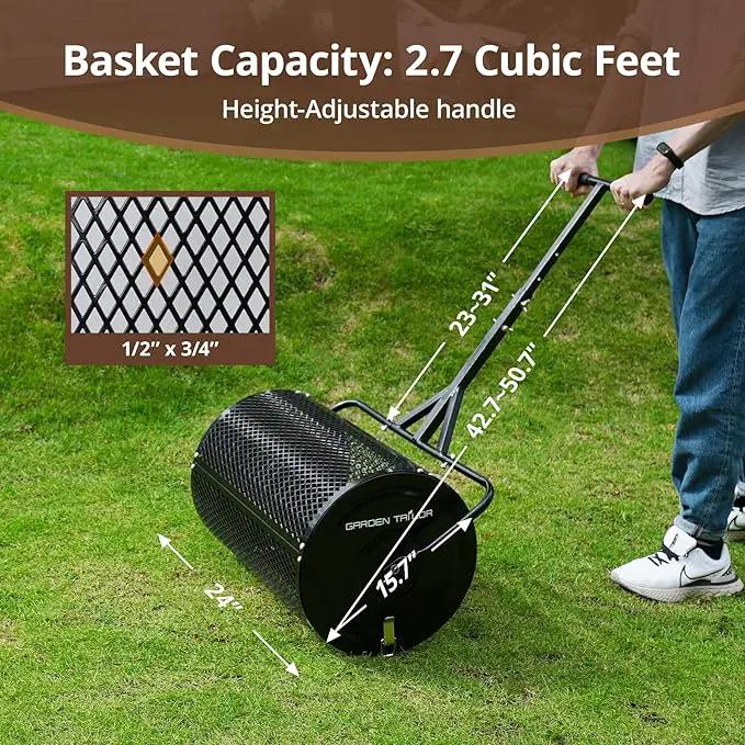 Compost Spreader 24 Inch Peat Moss Spreader with Installation Support Accessories, Metal Mesh Roller Lawn Spreader for Top Soil, Manure, Mulch, Top Dressing - Garden spreaders for lawns by GreenHaven Gardens
