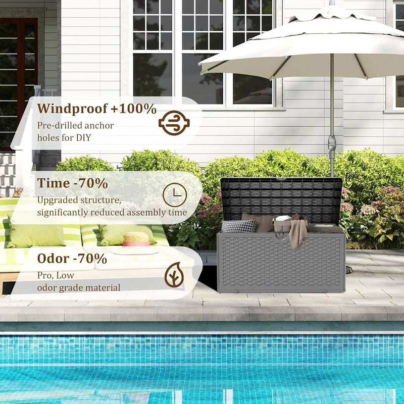 Upgrade 80 Gallon Waterproof Large Resin Deck Box Indoor/Outdoor Lockable Storage Container and Seating for Garden, Pool, and Patio (80 Pro Gallon, Black) by GreenHaven Gardens