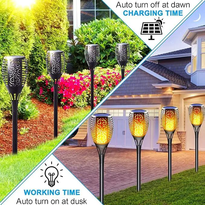 Solar Torch Lights Outdoor, Realistic Flickering Flame Solar Tiki Torches, 3-in-1 Fire Effect Hanging Lanterns with Detachable Hook, Auto On/Off for Garden, Pathway Lighting (4 Pack) by GreenHaven Gardens