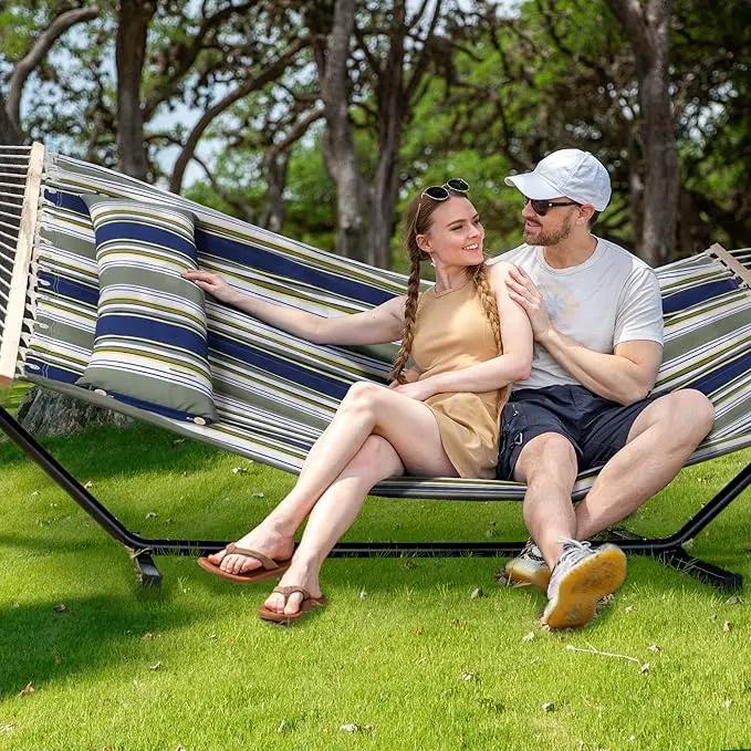 SUNCREAT Double Hammock, Extra Large Quilted Fabric Swing with Hardwood Spreader Bars & Detachable Pillow, Heavy Duty, Perfect for Indoor/Outdoor Patio, Deck, Yard, Blue&Aqua by GreenHaven Gardens