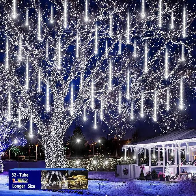 Christmas Decoration Outdoors- 32 Tubes (Equivalent to 4 Sets of 8-Tubes) Meteor Shower Rain Lights, White Falling Rain Lights for Christmas Decor Xmas Tree Halloween Yard Wedding Party, UL Plug by GreenHaven Gardens