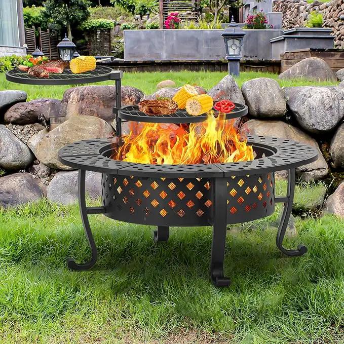 42 Inch Fire Pit with 2 BBQ Grills, Wood Burning Fire Pits for Outside with Lid & Fire Poker, BBQ& Outdoor Firepit & Round Metal Table 3 in 1 for Patio, Picnic, Party by GreenHaven Gardens