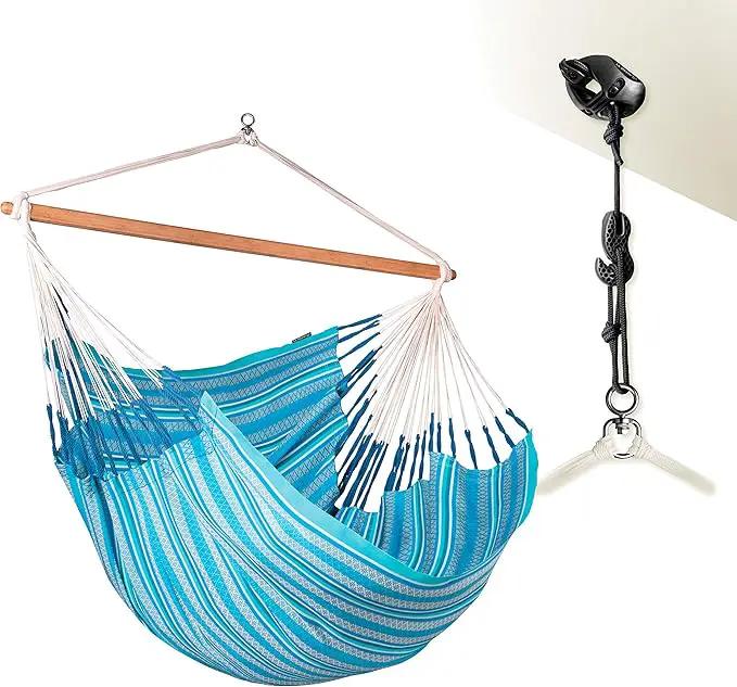 LA SIESTA® - XL King Habana Cotton Hammock Chair & CasaMount - Hanging Chair w/Suspension Kit for Walls Ceilings & Square Beams - Indoor Outdoor Swing Hanging Chair Bedroom Patio Balcony - Azure by GreenHaven Gardens