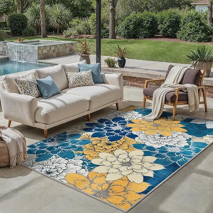 GENIMO Indoor Outdoor Area Rug 6' X 9' Waterproof, Washable Patio Rug Non Shedding, Easy Cleaning Floral Outdoor Carpet for Living Room, Bedroom, Dining Room, Balcony, Backyard, Deck, RV, Blue by GreenHaven Gardens