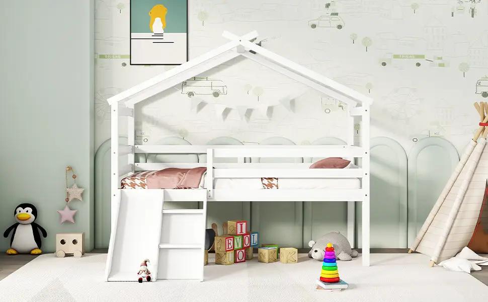 Low Loft House Bed With Slide, Ladder, Safety Guardrails, House Roof Frame by Unique Piece Furniture