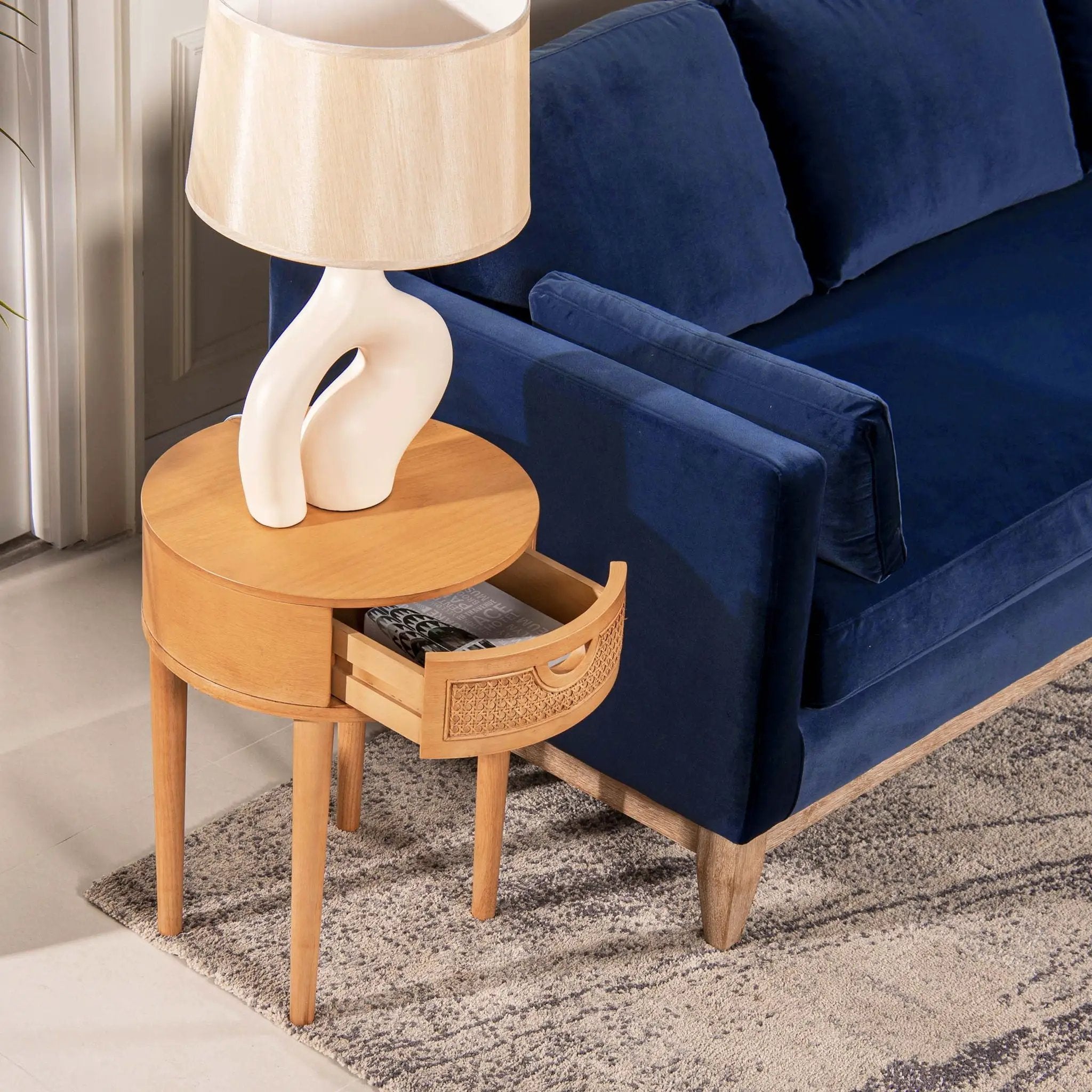 Cabana - Round Cane Storage Side Table - Natural Brown Oak by HouseOfZazla