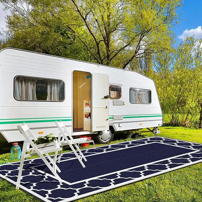 GENIMO 8' x 16' Outdoor Rug Waterproof for Patio, Foldable Reversible Plastic Straw Area Rugs Mat for Rv Decor, Outside Carpet for Camper, Deck, Picnic, Beach, Balcony, Porch, Blue & White by GreenHaven Gardens
