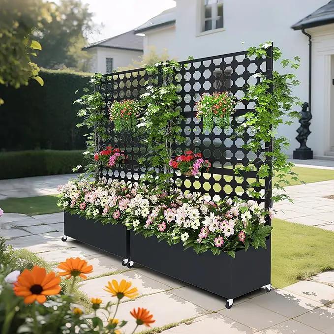 Metal Planter Box with Trellis Privacy Screen, Raised Garden Bed with Dots Trellis & Wheels, Privacy Planters for Patio, Planter Box for Climbing Plants, Flower, 73"x 47"x 16", Black by GreenHaven Gardens