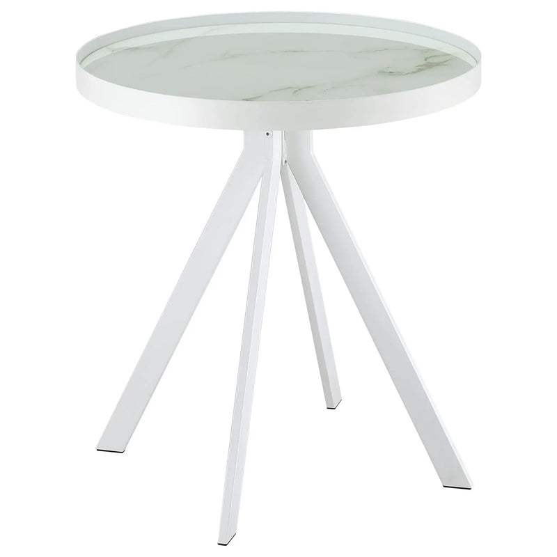 Briggs Round Marble Printed Glass Top End Side Table White by Unique Piece Furniture
