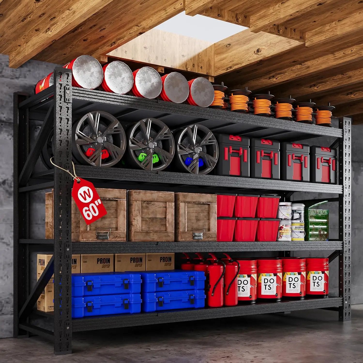 60” W Heavy Duty Garage Shelving, 5000LBS Metal Storage Shelves, 4 Tier Storage Rack Shelf, Steel Industrial Shelving, Adjustable Standing Shelf for Basement/Warehouse 60" W x 24" D x 70" H, Black by GreenHaven Gardens
