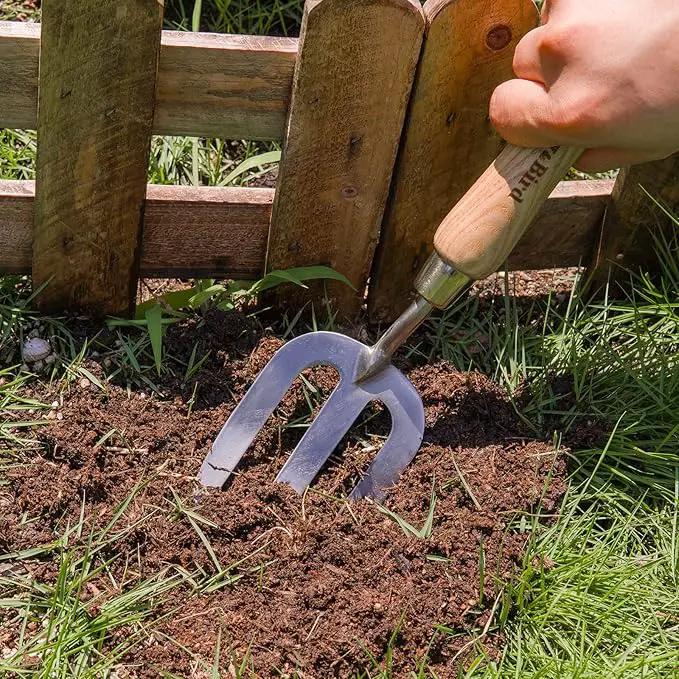 Berry&Bird Gardening Hand Fork, Stainless Steel Hand Weed Fork, Traditional Garden Hand Fork Tool with Ergonomic Ash Wood Handle for Weeding, Digging, Planting and Cultivating by GreenHaven Gardens
