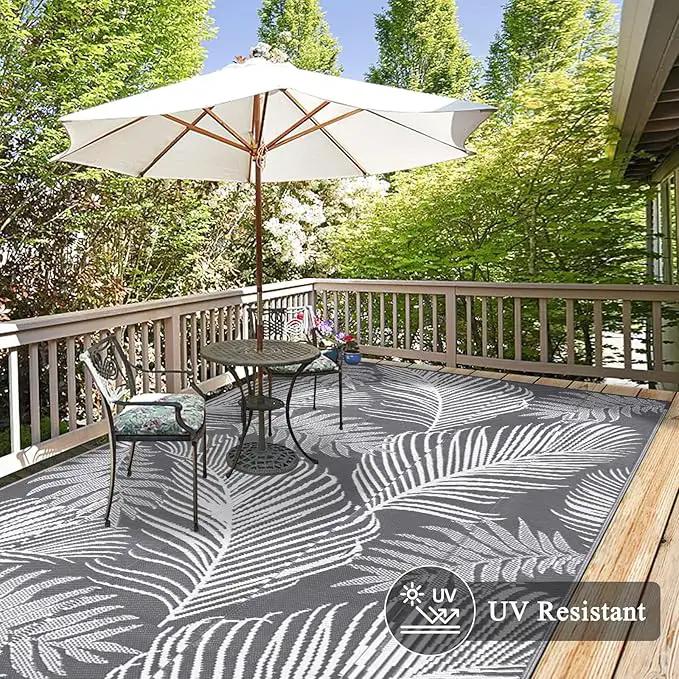 Pauwer Waterproof Outdoor Rug 6x9, Reversible Plastic Straw Patio Camping Rug, Indoor Outdoor RV Mat Carpet for Deck, Camper, Porch, Balcony, Backyard, Picnic, Leaf Grey by GreenHaven Gardens