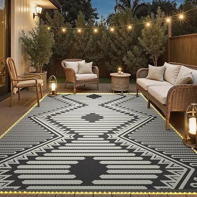 MontVoo Outdoor Rug with Led String Strip Lights 8x10 ft Waterproof Outdoor Patio Rug Mat Reversible Plastic Straw Rug Outside Outdoor Rug for RV Camping Picnic Balcony Fairy Boho Outdoor Decor by GreenHaven Gardens