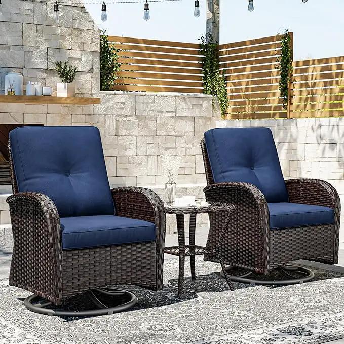 Joyside Outdoor Swivel Rocker Chairs, 3 Piece Wicker Patio Set with Thick Cushion and Side Table, Rattan Patio Swivel Rocking Chairs for Porch, Deck Use (Brown/Blue, 3 PCS) by GreenHaven Gardens
