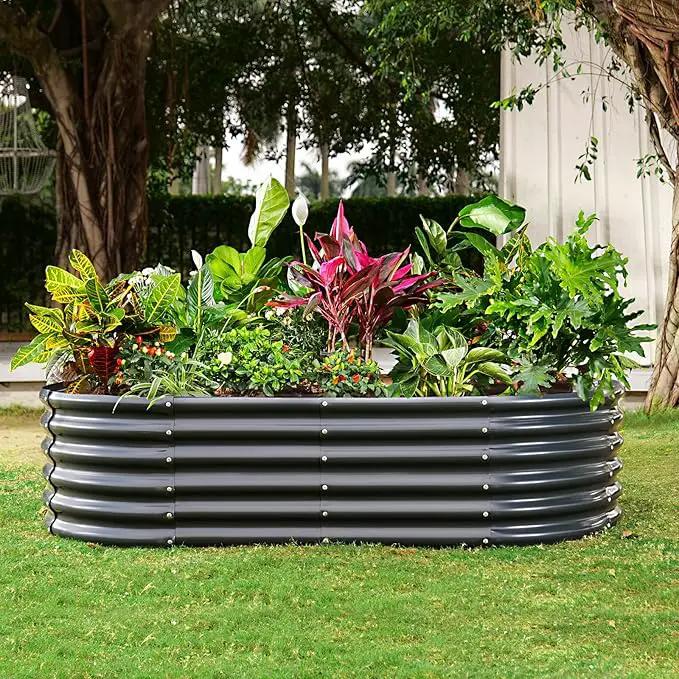 Land Guard Galvanized Metal Raised Garden Bed Kit, 8x4x1.5ft Large Planter Boxes Outdoor, Oval Gardening Box, Patio Garden Planter Box for Vegetables (Grey) by GreenHaven Gardens