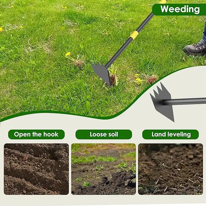 Dual Headed Weeding Tool, Long Handle for Loosening Soil Weeding Digging with Heavy Duty Stainless Steel Manual Weeder Hoe Garden Tool 17-45 inch Metal Black by GreenHaven Gardens