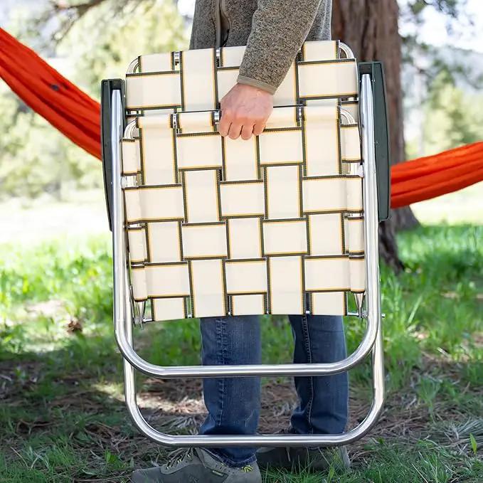 Lawn Chair USA Folding Aluminum Outdoor Patio Lawn Chair | Heavy-Duty Webbed Chairs for Camping, Sports, Beach, Yard & Tailgating | Lightweight Portable | Classic - Charleston Tan with Green Arms by GreenHaven Gardens