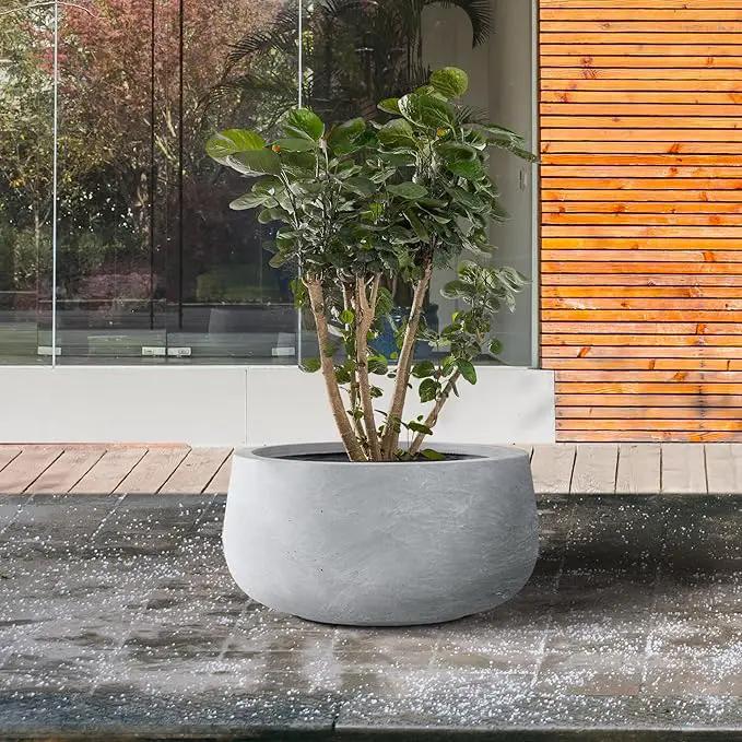 Kante 11.8" Dia Round Concrete Planter, Cement Plant Pots with Drainage Hole and Rubber Plug for Outdoor Indoor Garden Home, Modern Curvaceous Design, Gray by GreenHaven Gardens