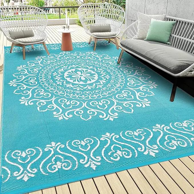 Pauwer Waterproof Outdoor Rug 5x8, Reversible Plastic Straw Patio Camping Rug, Indoor Outdoor RV Mat Carpet for Deck, Camper, Porch, Balcony, Backyard, Picnic, Floral Teal by GreenHaven Gardens
