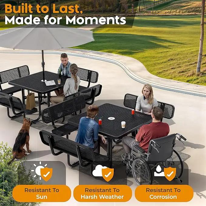 Metal Picnic Tables for Outdoors with Umbrella Hole - Coated Steel Heavy Duty Commercial Grade Table with Adjustable Seats (Black, 46 in, Square with Back, Expanded Steel) by GreenHaven Gardens