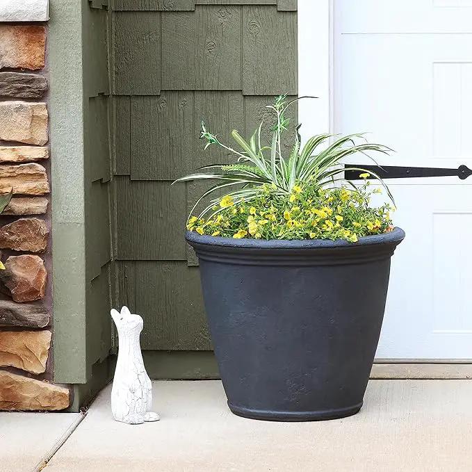 Sunnydaze 24-Inch Anjelica Large Plastic Pot for Plants - Outdoor Polyresin Round Planter with Drillable Drainage Holes - Slate by GreenHaven Gardens