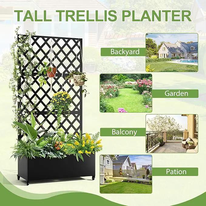 Metal Planter Trellis Box with Wheels & Drain Plug Outdoor Raised Garden Bed Patio Privacy Screen with Planter for Climbing Plants, Vegetables 73"x35"x16" Black-Diamond by GreenHaven Gardens