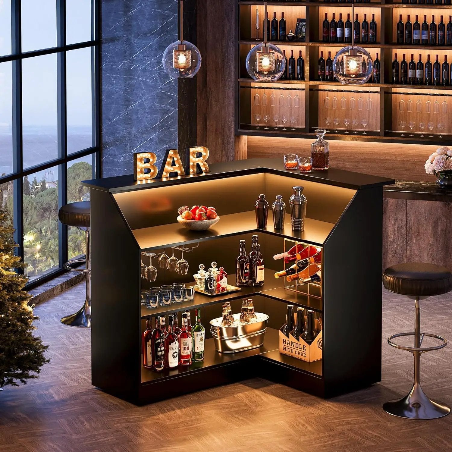 L-Shaped Home Bar Cabinet With Stemware Racks, 4 Tier Corner Unit, Liquor Wine Bar Table & Reception Desk For Home Pub - Black by HouseOfZazla