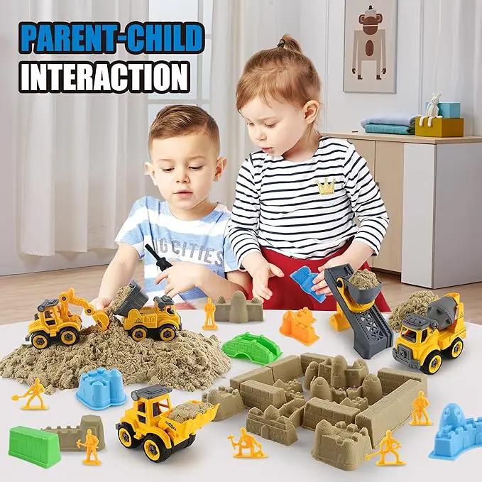 Construction Sandbox with Lid - 4 Vehicles with 1 Conveyor, 8 Castle Molds, 6 Figures & 3lbs Moldable Sand - Preschool Sensory Bin for Fine Motor Skills, Ages 3-6 by GreenHaven Gardens