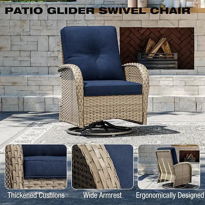 Joyside Outdoor Swivel Rocker Chairs, 3 Piece Wicker Patio Set with Thick Cushion and Side Table, Rattan Patio Swivel Rocking Chairs for Porch, Deck Use (Natural/Blue, 3 PCS) by GreenHaven Gardens