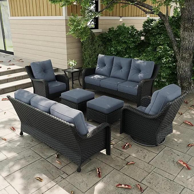 7 Pieces Outdoor Patio Furniture Sets with Rocking Swivel Chairs with 6-inch Thick Cushion and Side Table for Deck Lawn by GreenHaven Gardens