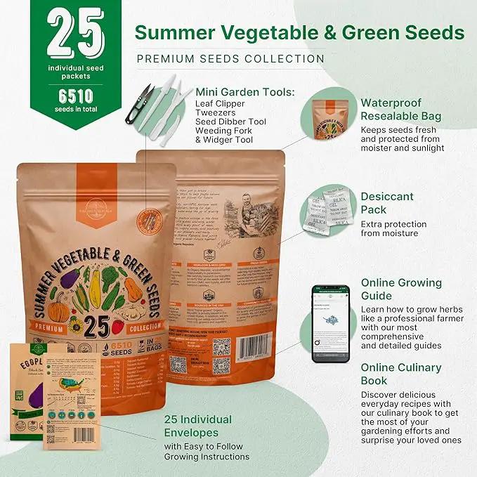Organo Republic 25 Summer Vegetable Garden Seed Variety Pack - 6,510+ Non-GMO Heirloom Veggie & Greens Seeds for Outdoors & Indoor Home Garden, Including Collards, Pepper, Okra, Onion, Bean, Cucumber by GreenHaven Gardens