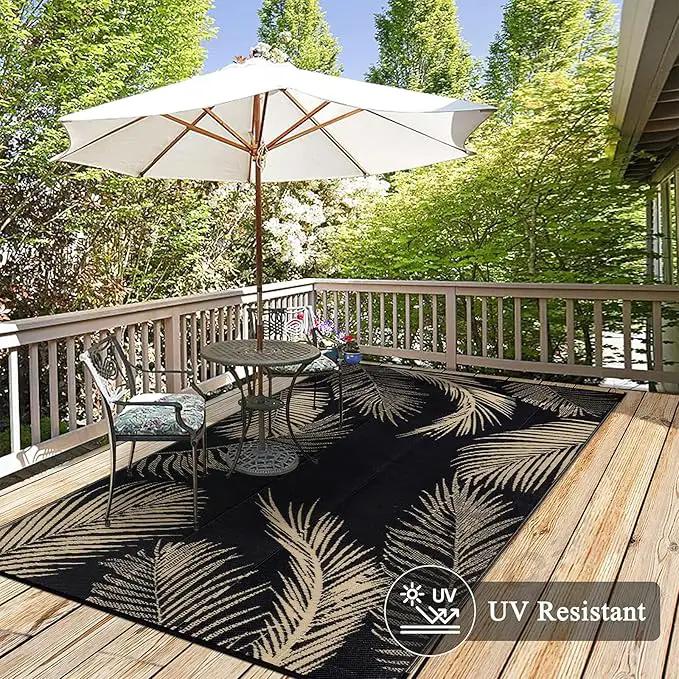 Pauwer Waterproof Outdoor Rug 8x10, Reversible Plastic Straw Patio Camping Rug, Indoor Outdoor RV Mat Carpet for Deck, Camper, Porch, Balcony, Backyard, Picnic, Leaf Black Brown by GreenHaven Gardens