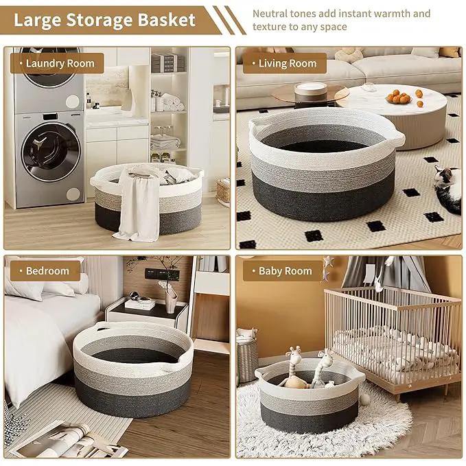 125L Extra Large Blanket Basket, 25" x 16", Jumbo Laundry Woven Baskets Decorative Home, Cotton Rope Basket with Handles, Baby Toy Baskets for Storage, Gradual Gray, 2PC by GreenHaven Gardens