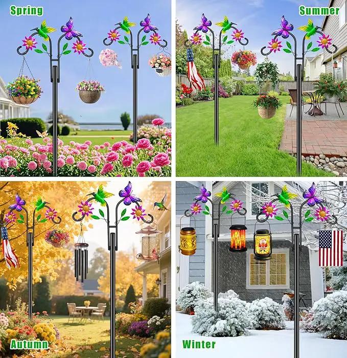Double Shepherds Hooks for Outdoor, 78 Inch Artistic Hummingbird & Flower Design, 5 - Prong Base, Ideal for Bird Feeders, Baskets & Lanterns (2 Pack) by GreenHaven Gardens