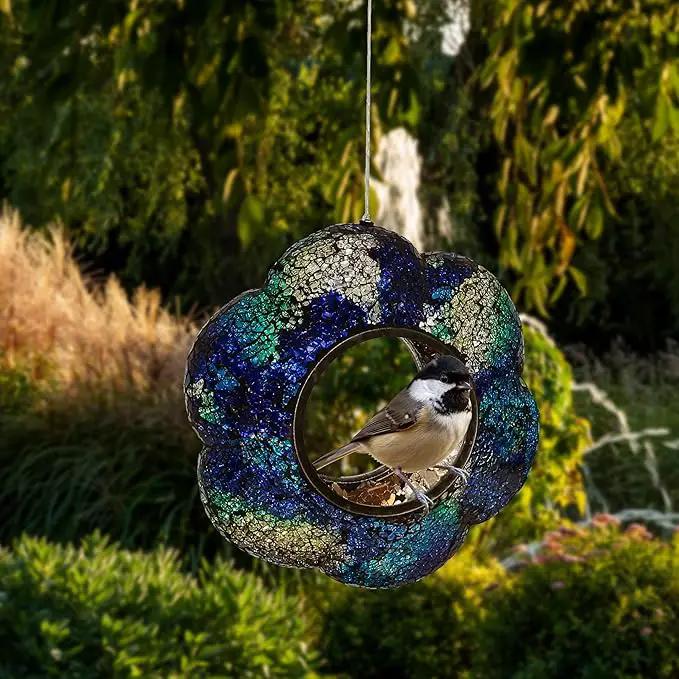 Sunnydaze 10-Inch Glass Mosaic Hanging Bird Feeder for Outdoors - Fly-Through Wild Bird Feeder - Indigo Flower Mosaic by GreenHaven Gardens