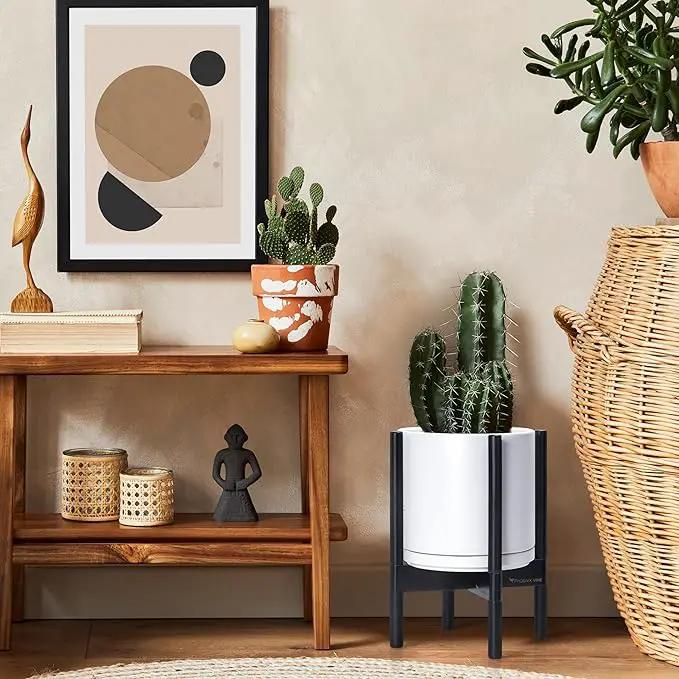 D'vine Dev Ceramic Planter with Ebony Stand - 10 Inch Modern Round Flower Pot with Wood Planter Holder, White, 55-B-L-1 by GreenHaven Gardens