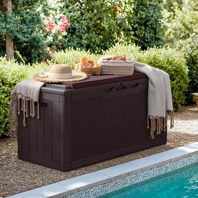 Greesum 100 Gallon Resin Deck Box Large Outdoor Storage with Cushions for Patio Furniture, Garden Tools, Pool Supplies, Weatherproof and UV Resistant, Lockable, Dark Brown by GreenHaven Gardens
